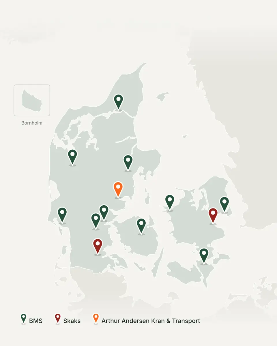 Map of BMS, Skaks and Arthur Andersen Kran and Transport branches in Denmark
